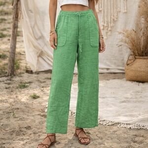 Pure Amici 100% Linen Pants Wide Leg Lounge Pull On Kelly Green Women's Sz M